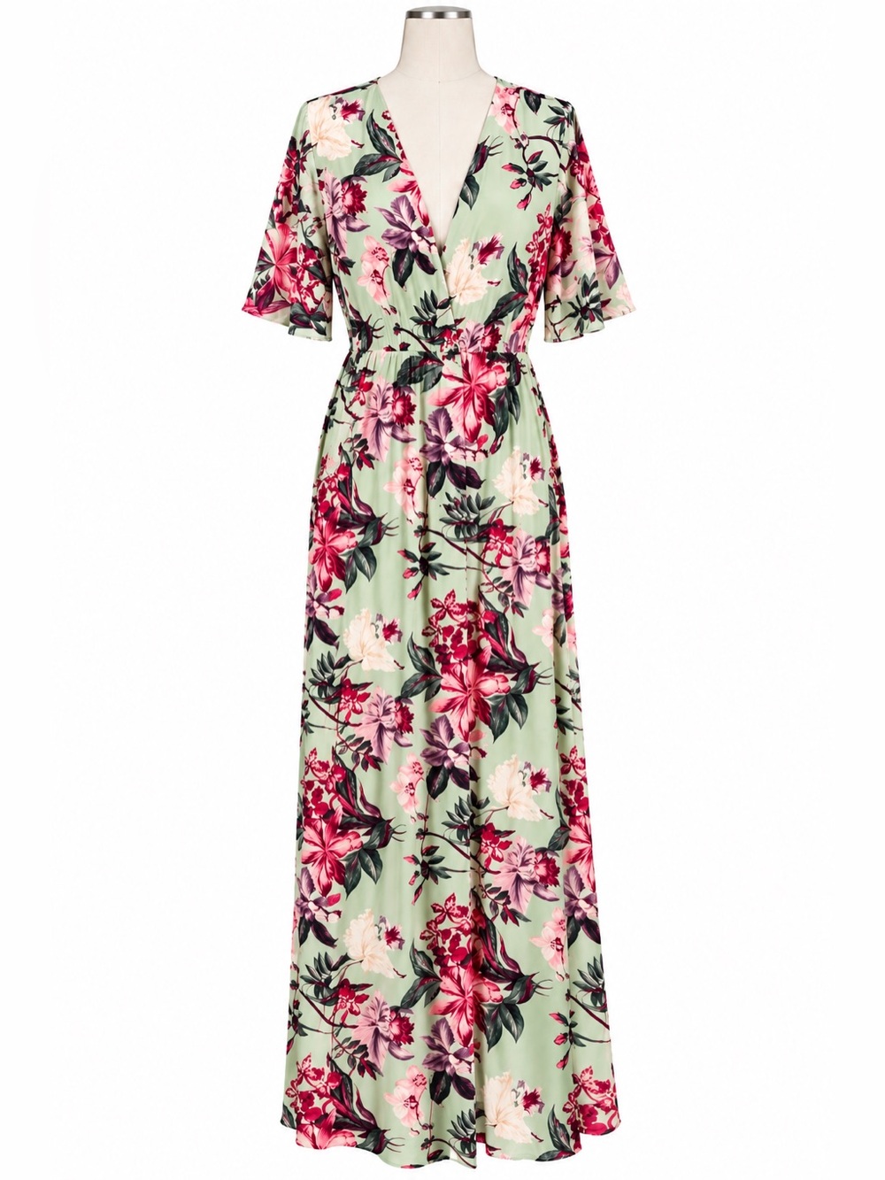 & Other Stories Mint Green Pink Floral Faux Wrap Maxi Dress Size 12